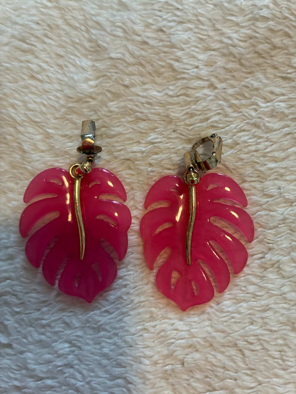 Pink Leaf Drop Earrings - Gold Accent